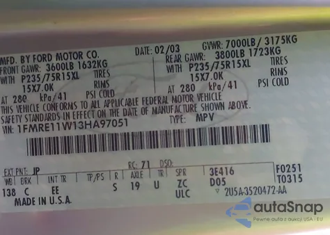 2003 Ford E-150 Chateau/Xl/Xlt from USA, damaged, VIN 1FMRE11W13HA97051